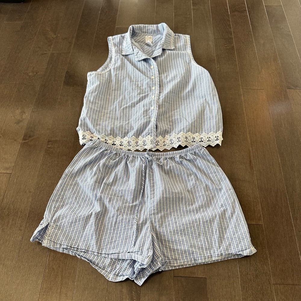 Aria Cottagecore Sleep Set Tank Shorts Lace Gingham Plaid Girly Blue White M